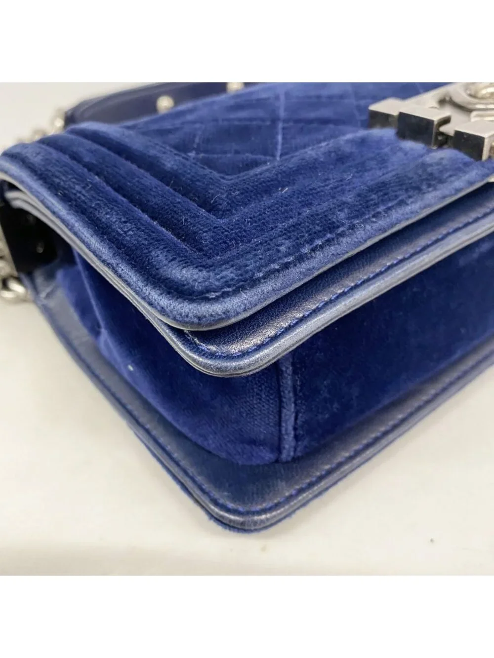 Chanel Shoulder Bag Boy Suede Navy Silver